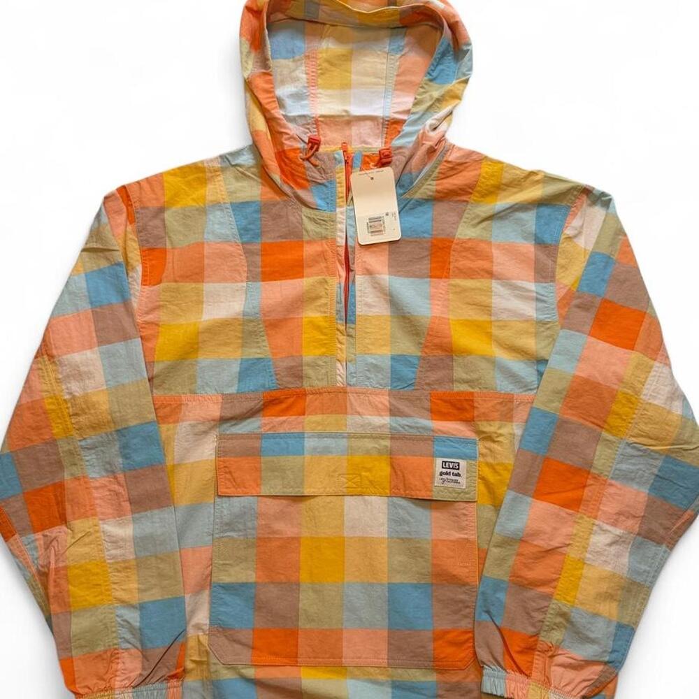 Levi’s Gold tag Colorful Checkered half zip Windbreaker Jacket size Large, dimen